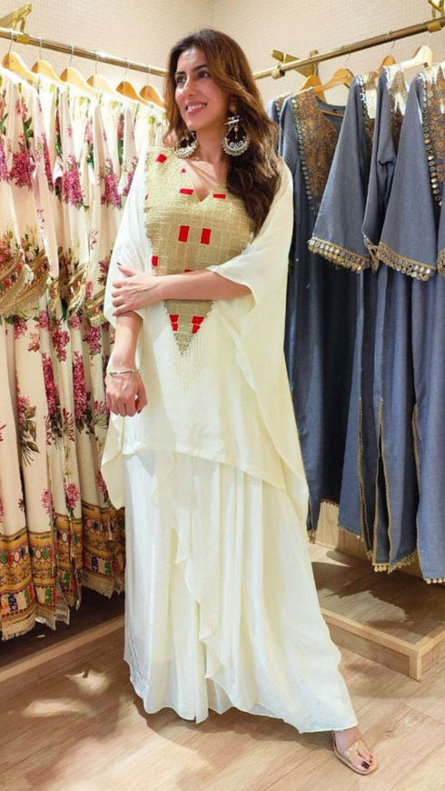 Kareena Ivory White Kaftan Top With Drape Skirt
